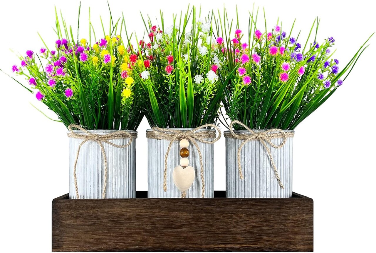 Spring Tabletop Decor – Gypsophila Baby’s Breath Artificial Flowers in Rustic Metal Pots with Wood Tray, Faux Flower Table Centerpiece for Home & Office